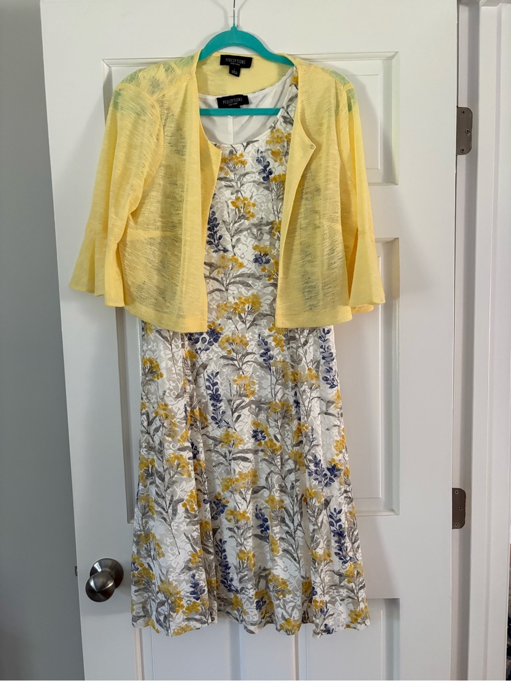 Perceptions Yellow & White Floral Midi Dress with Sheer Yellow Cardigan